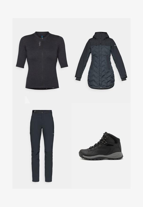 Długi, ciemnoniebieski, ocieplany płaszcz zimowy z kapturem, regulowanymi sznurkami, bocznymi kieszeniami i zamkiem błyskawicznym zasłoniętym zatrzaskami.; Koszulka sportowa z krótkim rękawem w kolorze czarnym, wykonana z teksturowanej tkaniny; posiada zamek błyskawiczny z przodu oraz okrągły dekolt z subtelnym detalem logo.; Męskie spodnie outdoorowe, ciemnoszare, wykonane z elastycznego materiału, z paskiem, kieszeniami na zamek oraz wzmocnionymi szwami.; Czarne buty trekkingowe z średnim cholewem, z teksturowaną cholewą, szarymi akcentami oraz trwałą gumową podeszwą z wypustkami zapewniającymi przyczepność.