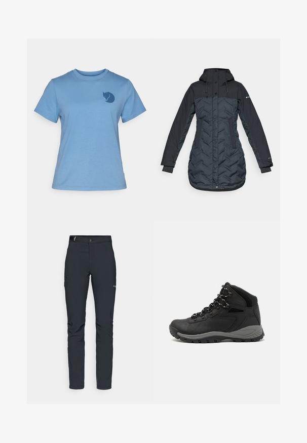 Pikk, tumesinine isoleeritud talvekasukas kapuutsiga, reguleeritavate nööridega, küljetaskutega ja lukuga, mille ees on nööbid.; Sinine puuvillane t-särk lühikeste varrukatega, ümmargune kaelus, millel on tumedast sinisest styliseeritud kassi logo vasakul rinnapiiril. Klassikaline lõige.; Meeste välkpüksid, tumehallid, valmistatud paindlikest materjalidest, vöökohaga, tõmblukuga taskud ja tugevdatud õmblused.; Mustarjaline matkasaabas, millel on keskmine disain, tekstuuriga ülemine osa, hallid aktsendid ja vastupidav kummist põhi, millel on haardelugesid.