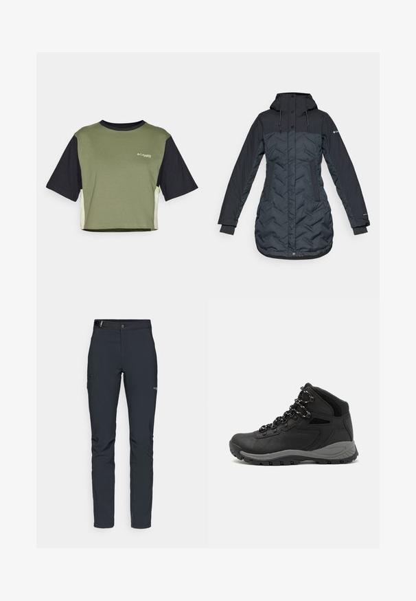 Langer, dunkelmarineblauer, isolierter Wintermantel mit Kapuze, verstellbaren Kordeln, Seitentaschen und durch einen Reißverschluss verdecktem Druckknopfverschluss.; Kurzärmliges, cropped T-Shirt mit grünem Vorderteil, schwarzen Ärmeln und kontrastierenden Seitenpanelen. Mit einem Logo auf der Brust.; Herren Outdoor-Hosen, dunkelgrau, aus flexiblem Material, mit einem Gürtel, Reißverschlusstaschen und verstärkten Nähten.; Schwarzer Wanderstiefel mit einem mittelhohen Design, ausgestattet mit einer strukturierten Oberfläche, grauen Akzenten und einer robusten Gummisohle mit Profilstollen.