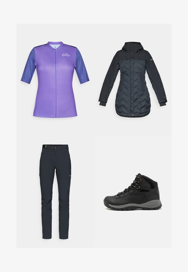 Pitkä, tumma tummansininen eristetty talvitakki hupulla, säädettävillä naruilla, sivutaskuilla ja vetoketjulla, joka on peitetty napituspainikkeilla.; Lyhythemläisen violetti pyöräilypaita, jossa on vetskari edessä, tummemmat kontrastiväriset hihat ja brodeerattu logo rinnassa. Sujuvaa ja joustavaa kangasta.; Miestne vonkajšie nohavice, tmavo šedé, vyrobené z flexibilného materiálu, s opaskom, zipsovými vreckami a zosilneným šitím.; Musta vaelluskenkä, jossa on puolivartinen muotoilu, jolle on ominaista teksturoitu päällinen, harmaat yksityiskohdat ja kestävä kumipohja, jossa on pitoita lisääviä lukuja.