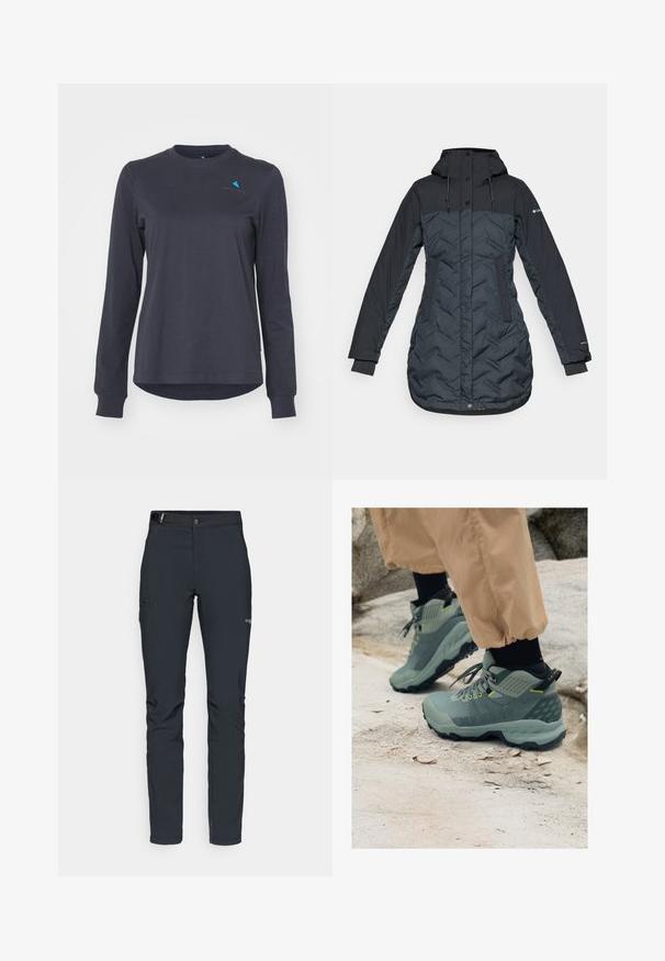 Długi, ciemnoniebieski, ocieplany płaszcz zimowy z kapturem, regulowanymi sznurkami, bocznymi kieszeniami i zamkiem błyskawicznym zasłoniętym zatrzaskami.; Długo rękawowa ciemnoszara koszula z miękkiego materiału, z okrągłym dekoltem, ściągaczami na rękawach i małym niebieskim akcentem logo na klatce piersiowej.; Męskie spodnie outdoorowe, ciemnoszare, wykonane z elastycznego materiału, z paskiem, kieszeniami na zamek oraz wzmocnionymi szwami.; Buty outdoorowe Mammut w stonowanym zielonym kolorze z teksturowaną cholewką, żółtymi akcentami i solidną czarną podeszwą. Trwała konstrukcja do aktywności na świeżym powietrzu.