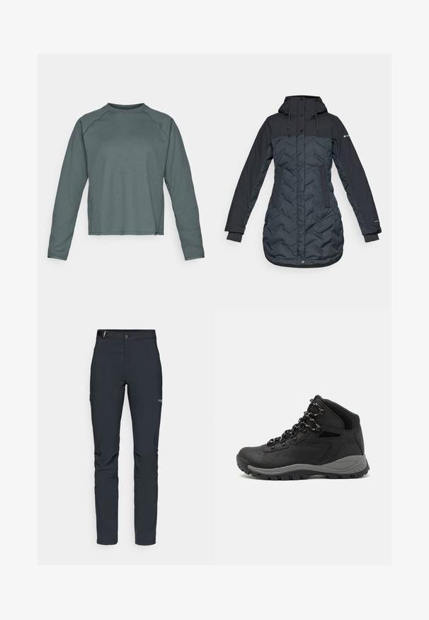 Długi, ciemnoniebieski, ocieplany płaszcz zimowy z kapturem, regulowanymi sznurkami, bocznymi kieszeniami i zamkiem błyskawicznym zasłoniętym zatrzaskami.; Długi rękaw, bluzka typu crew-neck z teksturowanej, ciemnozielonej tkaniny, z prążkowanym wzorem i lekko skróconym dołem.; Męskie spodnie outdoorowe, ciemnoszare, wykonane z elastycznego materiału, z paskiem, kieszeniami na zamek oraz wzmocnionymi szwami.; Czarne buty trekkingowe z średnim cholewem, z teksturowaną cholewą, szarymi akcentami oraz trwałą gumową podeszwą z wypustkami zapewniającymi przyczepność.