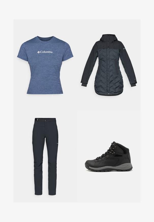 Hosszú, sötét tengerészkék szigetelt télikabát kapucnival, állítható húzózsinórokkal, oldalsó zsebekkel és cipzárral, amelyet patent gombok takarnak.; Kék, rövid ujjú póló texturált anyagból, fehér Columbia logóval a mellrészen, kerek nyakkivágással és testhezálló fazonnal.; Férfi kültéri nadrág, sötétszürke, rugalmas anyagból készült, övvel, cipzáros zsebekkel és megerősített varratokkal.; Fekete túracipő közepes magasságú kialakítással, texturált felsőrésszel, szürke részletekkel és strapabíró gumitalppal, amelynek tapadós kiemelkedései vannak.