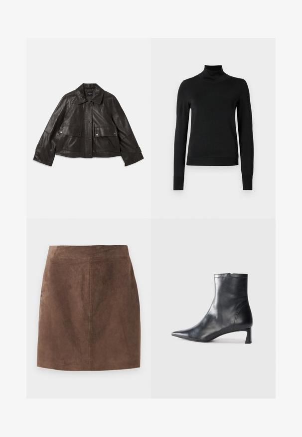 Melna ādas jaka ar apkakles kakla izgriezumu, priekšējo pogu aizdari, divām lielām priekšējām kabatām un īsu siluetu. Gluda tekstūra.; Melnas garām piedurknēm turtlenecks džemperis ar ribotām aprocēm un apakšmali, attēlots uz vienkārša balta fona.; Brūna zīda svārki ar gludu tekstūru, A-līnijas formu un vienkāršu jostasviedu. Šuvju detaļas stiepjas vertikāli pa aizmuguri.; Melnas ādas potītes zābaki ar norādītu pirkstu un elegantu dizainu. Iezīmē zemu papēdi un rāvējslēdzēja aizdari aizmugurē. Gluda tekstūra.