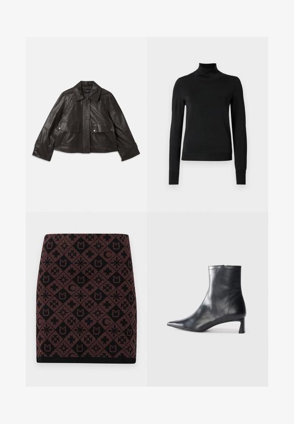 Must must nahkjakken, millel on krae, esif klõpsuga sulgemine, kaks suurt esikot ja lühendatud siluett. Sujuv tekstuur.; Mustmusterta mustaga pikkade varrukatega kõrge kaelusega sviiter, millel on ribakudumisega mansetid ja äär, esitatud lihtsal valgel taustal.; Kootud seelik, millel on geomeetriline musta ja pruuni mustriga erinevad sümbolid, liibuv vorm ning must elastne vöökoht allääres.; Mustad mustall nahkasaabas terava nina ja stiilse disainiga. Omab madalat konts ja luku sulgemist taga. Sile tekstuur.