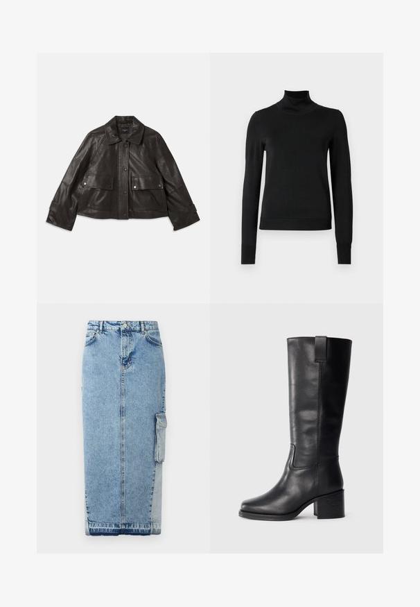 Černá kožená bunda s límečkem, předním zapínáním na knoflíky, dvěma velkými předními kapsami a zkráceným střihem. Hladký povrch.; Černý dlouhý rukáv rolák se žebrovanými manžetami a lemem, vystavený na čistě bílém pozadí.; Džínová sukně světle modré barvy, s rovný střih, předním zapínáním na knoflíky, bočními kapsami a výraznou kontrastní látkovou panelem.; Černé kožené kozačky až ke kolenům s hladkým povrchem, čtveratou špičkou, širokým podpatkem a bočním poutkem, se minimalizovanými švy.
