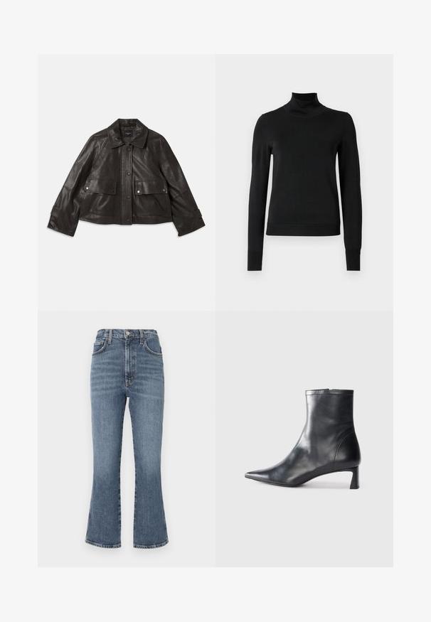 Juodas odinis švarkas su apykakle, priekyje mygtukų užsegimas, dvi didelės priekinės kišenės ir trumpas siluetas. Lygus paviršius.; Juoda ilgomis rankovėmis turtleneko tipo megztinis su rebruotomis rankovėmis ir apačia, eksponuojamas ant paprasto balto fono.; Aukštos juosmens, išsiplėtę džinsai vidutinio mėlynumo plovyje. Turintys tradicinius kišenes ir tvirtą mygtuko uždarymą. Nusidėvėjimo tekstūros detalė.; Juodas odinis kulkšninis batas su smailiu pirštu ir elegantišku dizainu. Turi žemą kulną ir užtrauktuką gale. Lygi tekstūra.