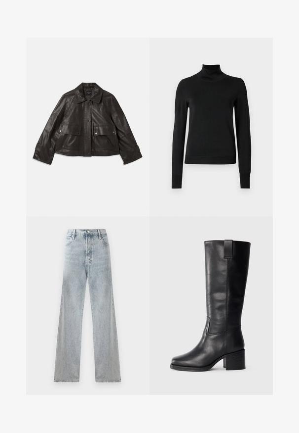 Giacca in pelle nera con collo, chiusura frontale con bottoni, due grandi tasche frontali e silhouette cropped. Texture liscia.; Pullover nero a maniche lunghe con collo alto, rifinito con polsini e orlo a coste, mostrato su uno sfondo bianco semplice.; Jeans in denim azzurro chiaro con vita alta, silhouette a gamba larga, design tradizionale a cinque tasche e sottili effetti di whiskering.; Stivali al ginocchio in pelle nera con una texture liscia, punta quadrata, tacco a blocco e linguetta laterale, caratterizzati da dettagli di cucitura minimi.