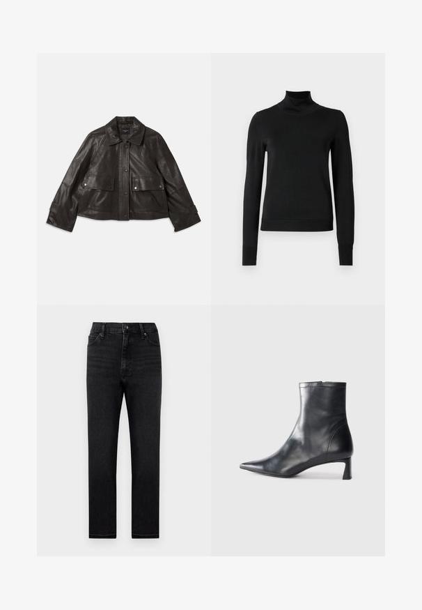 Schwarze Lederjacke mit kragenförmigem Ausschnitt, vorderer Knopfleiste, zwei großen Fronttaschen und einer verkürzten Silhouette. Glatte Textur.; Schwarzer Langarmrollkragenpullover mit gerippten Bündchen und Saum, auf einem schlichten weißen Hintergrund präsentiert.; Schwarze Jeans aus Denim mit geradem Schnitt, hoher Taille und klassischem Fünf-Taschen-Design. Mit Gürtelschlaufen und Reißverschluss.; Schwarze Lederstiefelette mit spitzer Zehe und schlankem Design. Verfügt über einen niedrigen Absatz und einen Reißverschluss hinten. Glatte Textur.