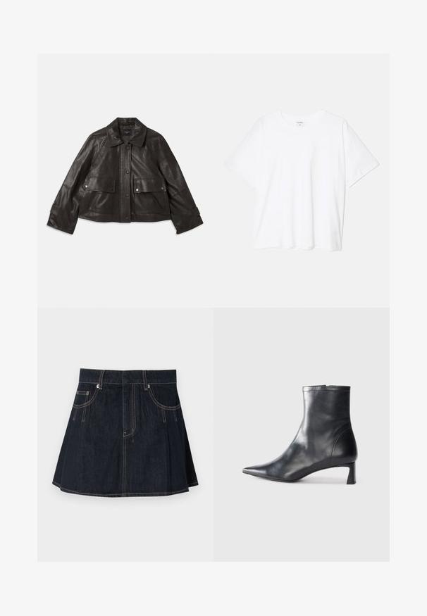 Juodas odinis švarkas su apykakle, priekyje mygtukų užsegimas, dvi didelės priekinės kišenės ir trumpas siluetas. Lygus paviršius.; Balta medvilnės marškinėliai trumpomis rankovėmis, apvalia iškirpte, laisvo kirpimo ir su siūtu kraštu. Etiketė matoma vidinėje iškirptės pusėje.; Tamsiai mėlyna džinsinė sijonas, turintis platėjantį dizainą, diržo kilpas, priekinius kišenes ir kontrastingas siūles.; Juodas odinis kulkšninis batas su smailiu pirštu ir elegantišku dizainu. Turi žemą kulną ir užtrauktuką gale. Lygi tekstūra.