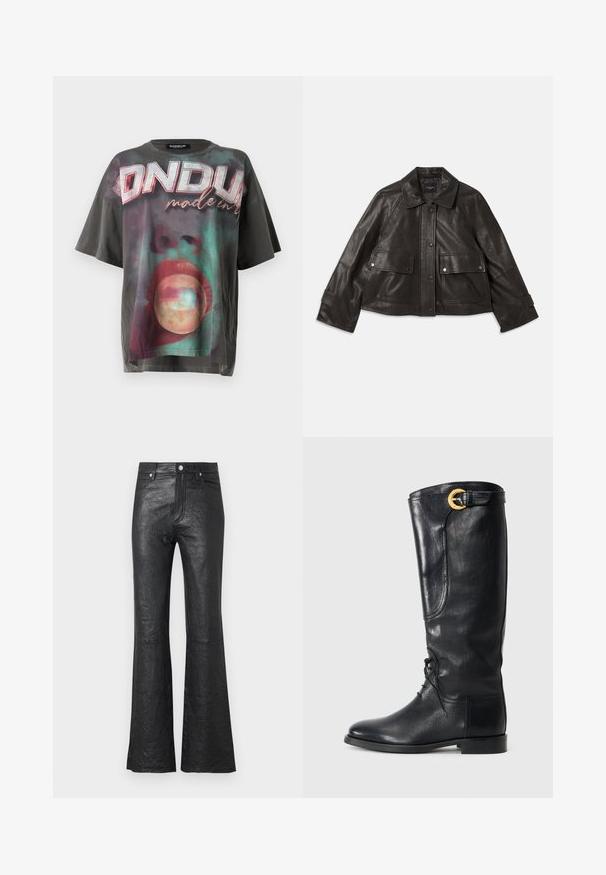 Čierna kožená bunda s golierom, predným zapínaním na gombíky, dvoma veľkými prednými vreckami a skráteným strihom. Hladká textura.; Nadmierne čierne bavlnené tričko s farebnou grafickou potlačou, na ktorej je navrhnuté slovo "ONDUP" v hornej časti a abstraktné vzory nižšie.; Čierne kožené rozšírené nohavice s krčenou textúrou, vysokým pásom, prednými vreckami a klasickým zapínaním na gombík so zipsom.; Čierne kožené čižmy po kolená s okrúhlou špičkou, šnurovaním vpredu, bočným detailom a zlatým ozdobným prackou na vrchu. Hladká textura.