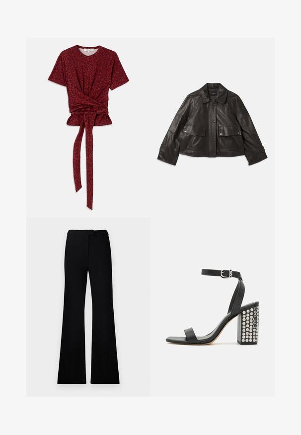 Veste en cuir noir avec un col, fermeture à boutons à l'avant, deux grandes poches avant et une silhouette courte. Texture lisse.; T-shirt à imprimé léopard rouge avec un col rond, des manches courtes et un détail noué à la taille ; fabriqué à partir d'un tissu doux et texturé.; Pantalons évasés noirs avec une texture lisse, une taille cintrée et des poches avant, conçus avec une silhouette moderne et élégante.; Sandales à talons noires en cuir avec une bride de cheville. Dotées d'un bout carré, d'une texture lisse et d'un talon carré orné de clous en argent.