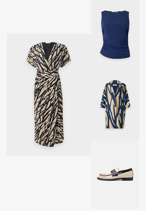 Trumpas rankovės marškiniai su drąsiais abstrakčiais raštais tamsiai mėlynos, smėlio ir baltos spalvų, laisvu kirpimu ir įpjauta apykakle. Du priekiniai kišeniai.; Kavašinis sijonas smėlio spalvos su juodu abstrakčiu raštu, trumpomis rankovėmis, V formos iškirpte ir šoniniu rišimu, pagamintas iš lengvos medžiagos.; Jūrinės mėlynos spalvos be rankovių palaidinė, pagaminta iš lygaus, tampraus audinio. Palaidinė turi susiraukšlėjusius šoninius elementus ir apvalų apatinį kraštą, suteikiantį prigludusį efektą.; Bežiniai loaf'eriai su išlenktu raštu, raudona akcento juosta ir blizgiu juodu kulnu. Su dirželio ir sagties detale. Plokščias juodas padas.