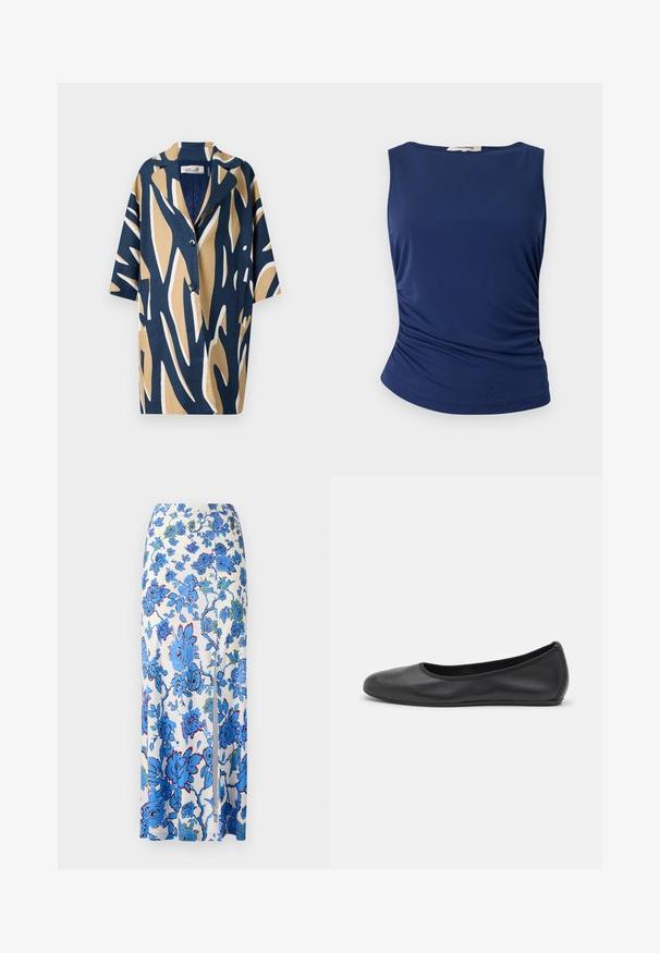 Short-sleeve shirt featuring a bold abstract pattern in navy, beige, and white, with a relaxed fit and a notched collar. Two front pockets.; Navy blue sleeveless top made of smooth, stretchy fabric. Features gathered side detailing and a rounded hem for a fitted look.; Maxi skirt in white fabric with blue floral pattern. Features a side slit and a smooth, lightweight texture.; Black leather ballet flat with a rounded toe, smooth texture, minimal stitching detail, and a flexible sole design.