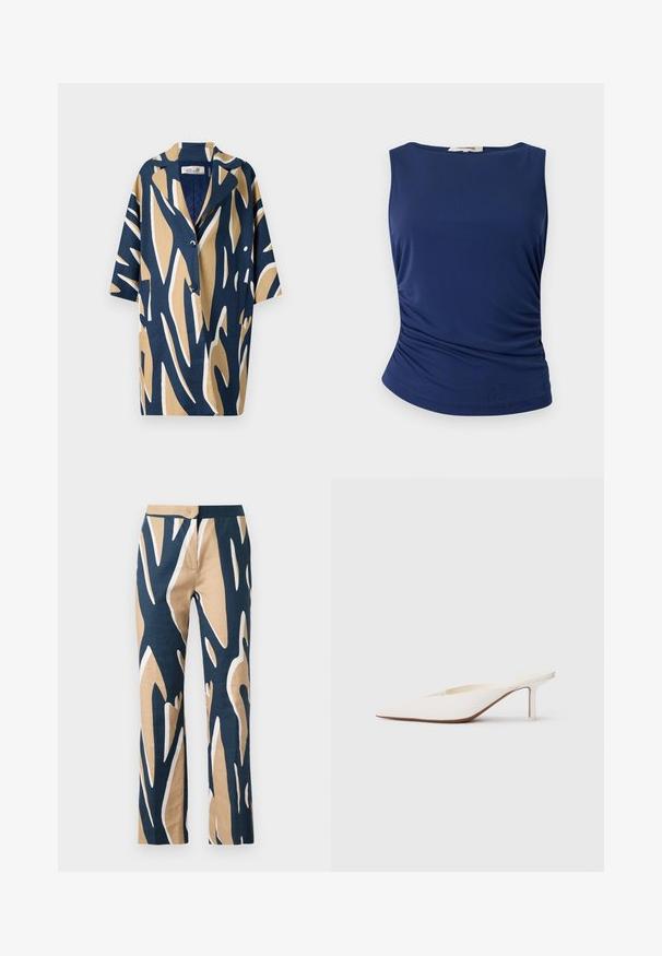 Cămașă cu mânecă scurtă, prezentând un pattern abstract îndrăzneț în nuanțe de marină, bej și alb, cu o croială lejeră și guler cu tăietură. Două buzunare frontale.; Top fără mâneci de culoare bleumarin, realizat dintr-un material neted și elastic. Prezintă detalii cu pliuri pe lateral și un tiv rotunjit pentru un aspect ajustat.; Pantaloni largi în navy, bej și cu un model grafic alb. Realizați dintr-un material ușor, cu o textură netedă și o talie ajustată.; Mule alb cu vârf ascuțit și toc stiletto mic. Fabricat din material neted, cu un design minimalist și detalii subtile pe talpa bej.