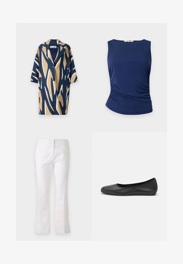 Cămașă cu mânecă scurtă, prezentând un pattern abstract îndrăzneț în nuanțe de marină, bej și alb, cu o croială lejeră și guler cu tăietură. Două buzunare frontale.; Top fără mâneci de culoare bleumarin, realizat dintr-un material neted și elastic. Prezintă detalii cu pliuri pe lateral și un tiv rotunjit pentru un aspect ajustat.; Pantaloni albi evazați, confecționați dintr-un material ușor. Prezintă un front plat cu închidere cu fermoar și o textură netedă. Design simplu și curat.; Balerini din piele neagră, cu vârf rotund, textură netedă, detalii de cusătură minimale și un design al tălpii flexibil.
