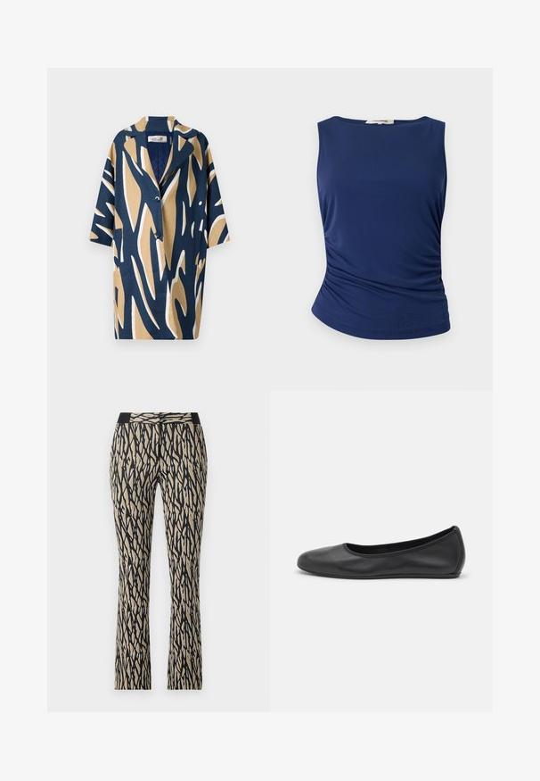 Camicia a maniche corte con un audace motivo astratto nei toni del blu navy, beige e bianco, dal taglio rilassato e colletto a V. Due tasche anteriori.; Top senza maniche blu navy realizzato in tessuto liscio e elasticizzato. Presenta dettagli arricciati sui lati e un orlo arrotondato per un look aderente.; Pantaloni neri e beige con motivo a strisce astratte, dotati di una vita aderente, realizzati in un tessuto morbido e elasticizzato.; Pantofole da balletto nere in pelle con punta arrotondata, texture liscia, dettagli di cucitura minimi e design con suola flessibile.