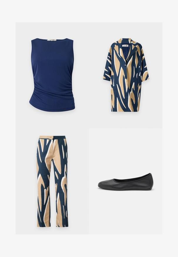 Short-sleeve shirt featuring a bold abstract pattern in navy, beige, and white, with a relaxed fit and a notched collar. Two front pockets.; Navy blue sleeveless top made of smooth, stretchy fabric. Features gathered side detailing and a rounded hem for a fitted look.; Wide-leg trousers in navy, beige, and white graphic pattern. Made from lightweight fabric with a smooth texture and tailored waist.; Black leather ballet flat with a rounded toe, smooth texture, minimal stitching detail, and a flexible sole design.