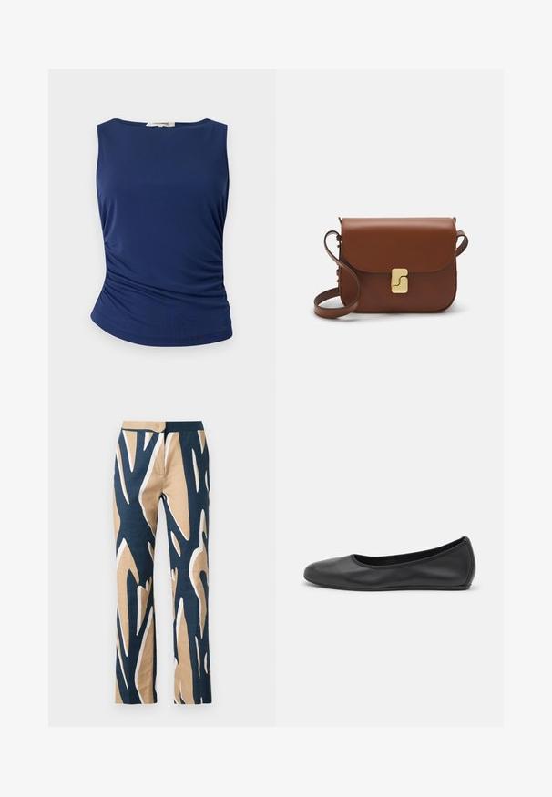 Short-sleeve shirt featuring a bold abstract pattern in navy, beige, and white, with a relaxed fit and a notched collar. Two front pockets.; Navy blue sleeveless top made of smooth, stretchy fabric. Features gathered side detailing and a rounded hem for a fitted look.; Wide-leg trousers in navy, beige, and white graphic pattern. Made from lightweight fabric with a smooth texture and tailored waist.; Black leather ballet flat with a rounded toe, smooth texture, minimal stitching detail, and a flexible sole design.; Brown leather handbag with a flap closure, gold-tone hardware, a shoulder strap, and a smooth texture. Compact rectangular shape.