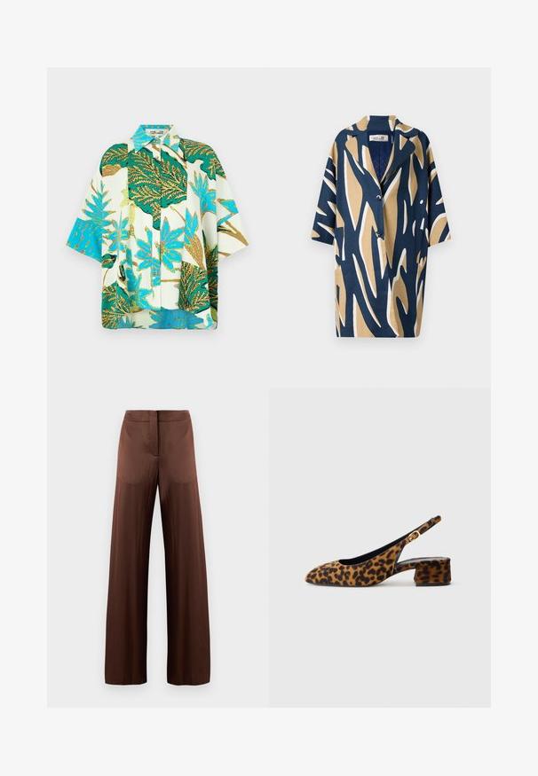 Κοντομάνικο πουκάμισο με έντονο αφηρημένο σχέδιο σε ναυτικό μπλε, μπεζ και λευκό, με χαλαρή γραμμή και κολάρο με εγκοπή. Δύο μπροστινές τσέπες.; Κανονικό μπλουζάκι με κοντό μανίκι που διαθέτει εκτυπώσεις λευκών, πράσινων και μπλε φύλλων, με κουμπιά μπροστά και άνετη εφαρμογή.; Καφέ παντελόνι σε φαρδιά γραμμή, κατασκευασμένο από μαλακό, ελαφρύ ύφασμα, με επίπεδη μέση, χωρίς τσέπες και ίσια σιλουέτα.; Γυναικείο παπούτσι slingback με λεοπάρ σχέδιο, χαμηλό φοντάκι και χρυσό κούμπωμα στη πλευρική ζώνη, εμφανιζόμενο σε προφίλ σε ουδέτερο φόντο.