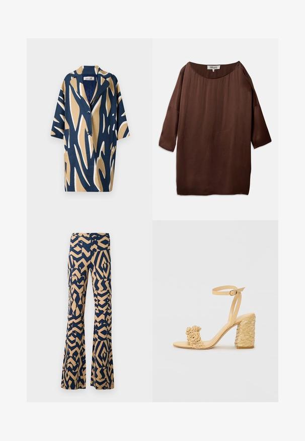 Short-sleeve shirt featuring a bold abstract pattern in navy, beige, and white, with a relaxed fit and a notched collar. Two front pockets.; Brown, loose-fitting blouse with a wide boat neck and three-quarter sleeves, made of smooth, textured fabric. Top features subtle wrinkles.; Flared pants with a geometric pattern in navy blue and beige. Made of a soft fabric, featuring a high waistband and wide legs.; Beige high-heeled sandal with a braided texture, featuring a decorative flower and ankle strap. Square-shaped heel adds stability.