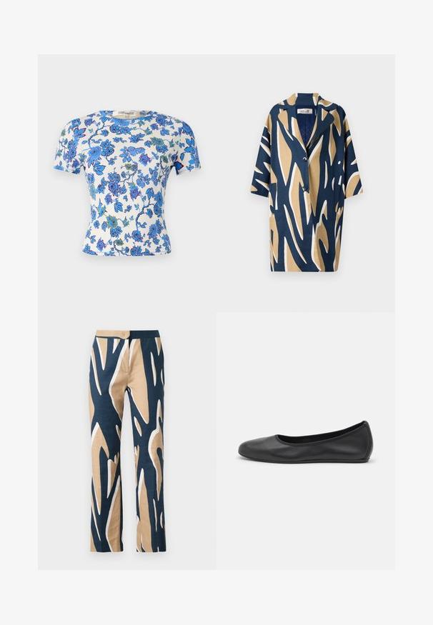 Korte mouw shirt met een gedurfde abstracte print in marineblauw, beige en wit, met een relaxte fit en een gesneden kraag. Twee voorke pockets.; Korte mouwen t-shirt in lichtgewicht stof, met een bloemenpatroon in blauw en groen op een witte achtergrond, met een getailleerde pasvorm.; Wijde pijpen broek in marineblauw, beige en wit grafisch patroon. Gemaakt van lichtgewicht stof met een gladde textuur en een getailleerde taille.; Zwarte leren ballerina met een ronde neus, gladde textuur, minimale stikdetails en een flexibele zoolontwerp.
