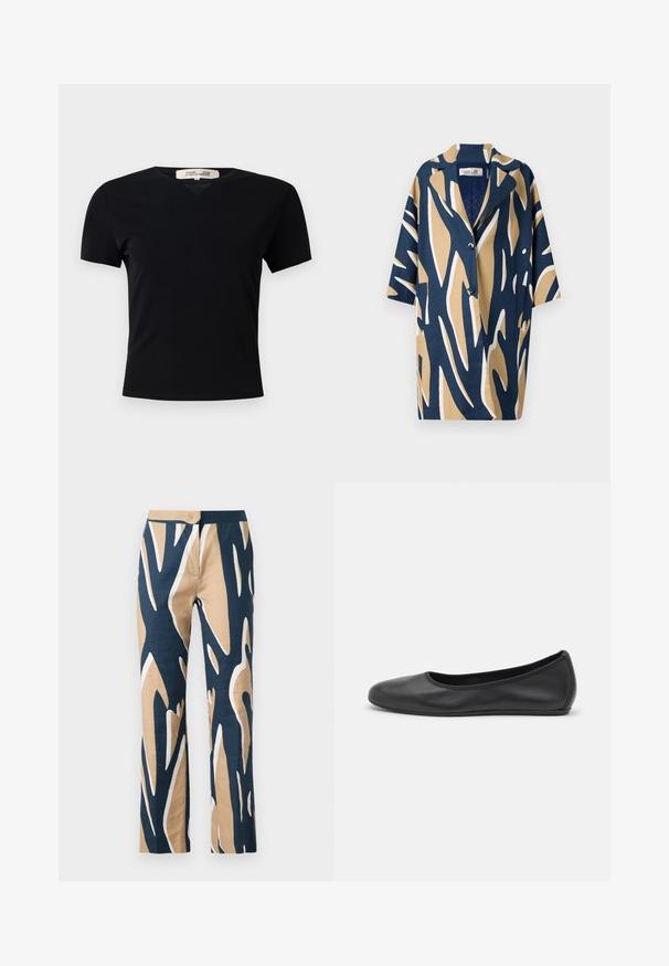 Īsām piedurknēm krekls ar izteiksmīgu abstraktu rakstu tumši zilā, bēšā un baltā krāsā, ar brīvu piegriezumu un iegrieztu apkakli. Divas priekšējās kabatas.; Melnā īsām piedurknēm t-krekls ar V-veida kakla izgriezumu, izgatavots no gluda, elastīga auduma. Piedāvā vienkāršu, klasisku siluetu bez rotājumiem.; Platleņķa bikses jūras zilas, bēšas un baltas grafikas rakstā. Izgatavotas no viegla auduma ar gludu tekstūru un pielāgotu jostu.; Melna ādas baleta kurpe ar noapaļotu purngalu, gludu tekstūru, minimālu šuvju detalizāciju un elastīgu zoles dizainu.