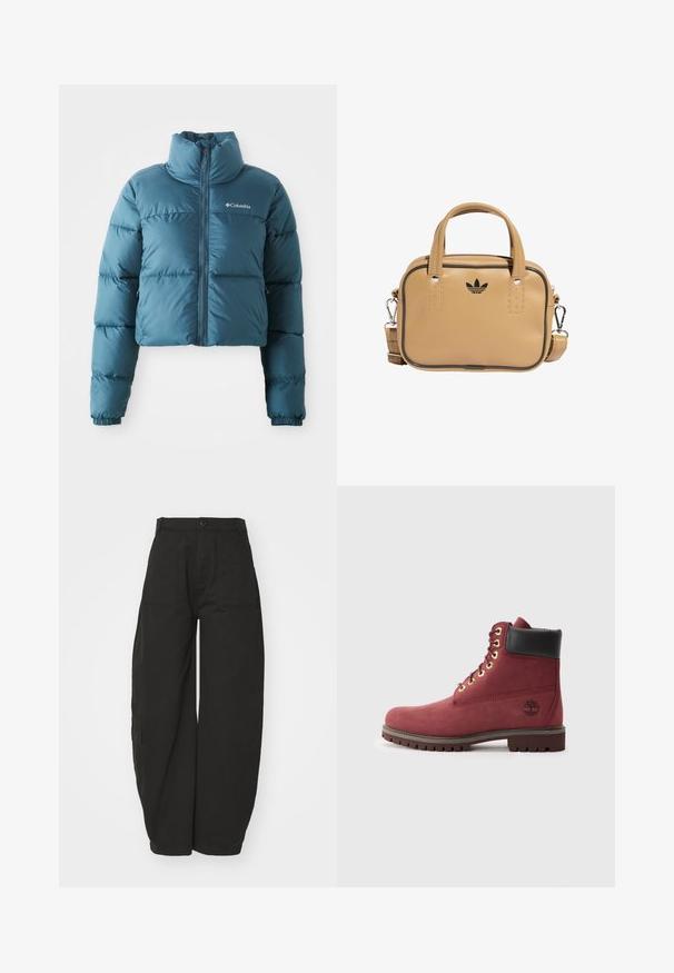 Cropped blue puffer jacket made of water-resistant fabric. Features a high collar, front zip, and horizontal stitching for insulation.; Black ribbed long-sleeve turtleneck sweater with fitted silhouette against a plain white background.; Wide-leg black trousers made from cotton, featuring a high waist, front button closure, and side pockets for functionality.; Red suede ankle boot with a black leather collar, gold eyelets, and a rugged rubber sole. Features logo on the side.; Tan vegan leather bag with two handles, detachable shoulder strap, black accent stitching, and a small black logo on the front.