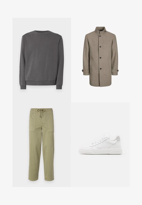 Brun ullkappa med hög krage, knäppning med knappar, två sidofickor och en bröstficka. Har svarta knappar och uppvikt ärm.; Grå sweatshirt tillverkad av mjuk bomullsblandning, med rund hals, långa ärmar och ribbade ärmslut och nederkant. Slät textur, utan mönster.; Ljus olivgröna byxor i en bomullsblandning, med elastisk midja och dragsko, samt två stora sidofickor.; Vita lädersneakers med en slät yta, rund tå, platta snören och en texturerad sula. Grå mockadetalj vid hälen.