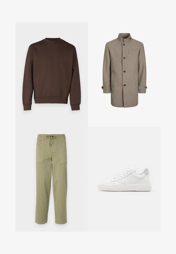 Brown wool coat with a high collar, button closure, two side pockets, and a chest pocket. Features black buttons and rolled cuffs.; Brown crewneck sweatshirt made of a smooth cotton blend. Features ribbed cuffs and hem, simple design without patterns or embellishments.; White cotton t-shirt featuring short sleeves, crew neck, and a red graphic text "DELICIOUS REFRESHING FRUIT" on the front.; Light olive green pants made of cotton blend fabric, featuring an elastic waistband with drawstring, and two large side pockets.; White leather sneakers with a smooth finish, rounded toe, flat laces, and a textured sole. Grey suede accent at the heel.