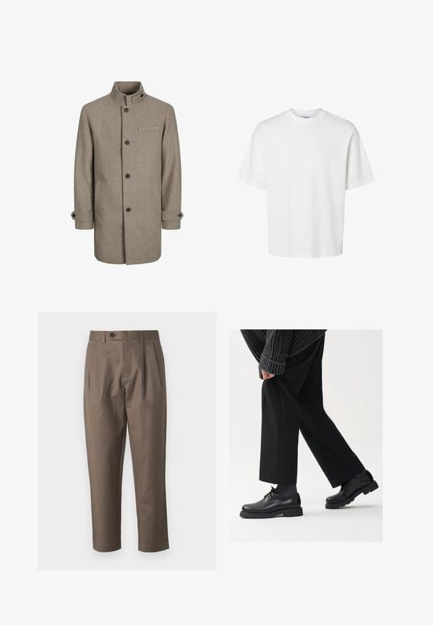 Cappotto di lana marrone con colletto alto, chiusura a bottoni, due tasche laterali e una tasca sul petto. Presenta bottoni neri e polsini arrotolati.; T-shirt bianco in cotone con maniche corte, scollo rotondo e vestibilità rilassata. Texture liscia senza pattern o dettagli visibili.; Pantaloni marroni su misura con frontale piatto, due tasche laterali e chiusura con bottone. Tessuto liscio e leggero con design a gamba dritta.; Scarpe in pelle nera con punta arrotondata, design con lacci e suola spessa e texture. Indossate con pantaloni neri su misura e un maglione a coste.