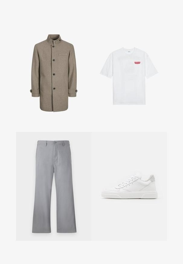 Brun ullkåpe med høy krage, knappelukking, to sidelommer og en brystlomme. Har svarte knapper og rullede mansjetter.; Hvit bomull t-skjorte med korte ermer, rund hals og en rød grafisk tekst "DELICIOUS REFRESHING FRUIT" foran.; Grå vide bukser lavet af blødt stof, med frontknaplukning, bæltestropper og et enkelt design uden synlige mønstre eller accenter.; Hvite skinnsko med en glat overflate, rund tå, flate lisser og teksturert såle. Grå semsket innfelt ved hælen.