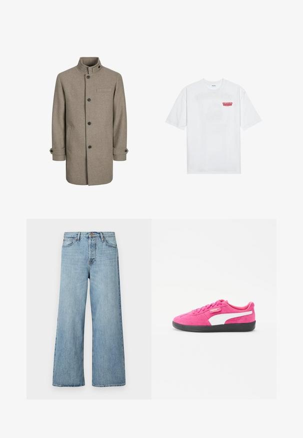 Cappotto di lana marrone con colletto alto, chiusura a bottoni, due tasche laterali e una tasca sul petto. Presenta bottoni neri e polsini arrotolati.; T-shirt bianco in cotone con maniche corte, collo rotondo e una grafica rossa con il testo "FRUTTA DELIZIOSA E RINFRESCANTE" sul davanti.; Jeans azzurri a gamba larga realizzati in denim, con chiusura a bottone, lieve scolorimento e design a cinque tasche standard.; Sneaker in suede rosa con suola in gomma nera, dotate di una striscia con logo bianco e chiusura con lacci, texture liscia e design della punta arrotondata.