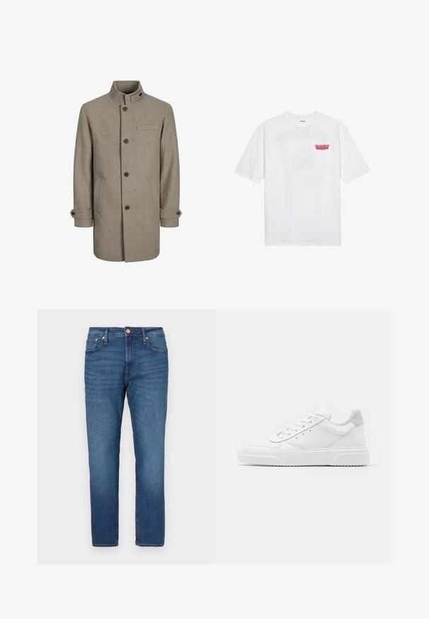 Palton din lână maro, cu guler înalt, închidere cu nasturi, două buzunare laterale și un buzunar pe piept. Dispune de nasturi negri și manșete răsucite.; Tricou alb din bumbac, cu mâneci scurte, guler rotund și un text grafic roșu "FRUCTE DELICIOASE ȘI RACORITOARE" pe față.; Blugi din denim albastru, cu croială cu picior drept, prevăzuți cu fermoar, nasture și cinci buzunare. Detalii cusute într-o culoare contrastantă.; Adidași din piele albă cu un finisaj neted, vârf rotunjit, șireturi plate și o talpă texturată. Accente din piele întoarsă gri la călcâi.