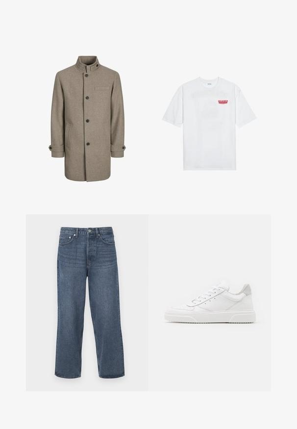 Brun ullkåpe med høy krage, knappelukking, to sidelommer og en brystlomme. Har svarte knapper og rullede mansjetter.; Hvit bomull t-skjorte med korte ermer, rund hals og en rød grafisk tekst "DELICIOUS REFRESHING FRUIT" foran.; Mørkeblå denimjeans med rett ben-design, fem lommer og knappelukking. Har subtil falming og en klassisk kutt.; Hvite skinnsko med en glat overflate, rund tå, flate lisser og teksturert såle. Grå semsket innfelt ved hælen.