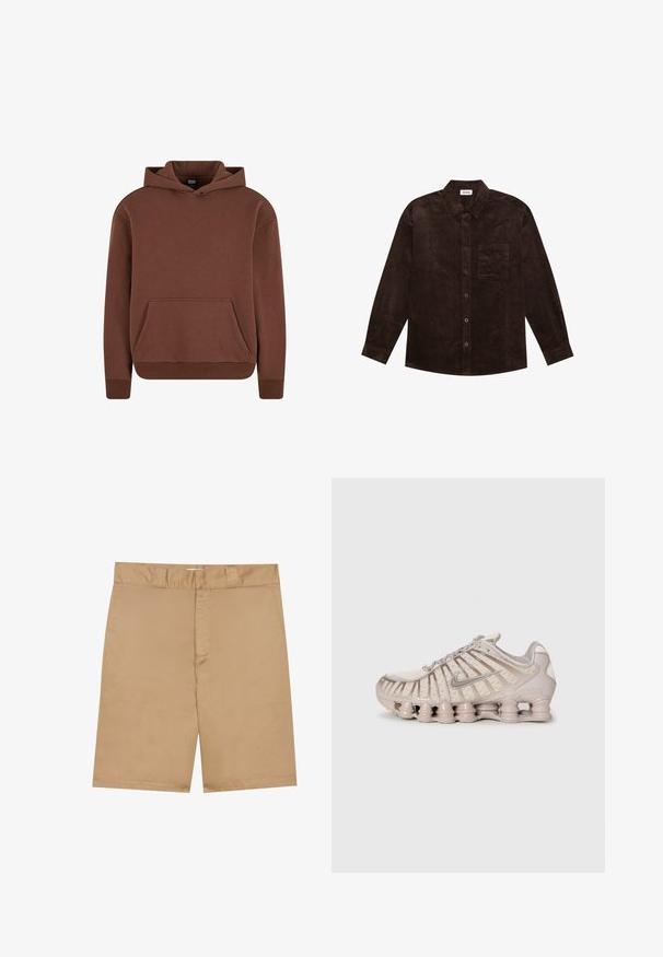 YOURTURN UNISEX brązowy; Brązowa, dresowa bluza z kapturem, wykonana z miękkiego materiału, z kieszenią typu kangur, ściągaczami na rękawach i luźnym krojem.; Khaki szorty z płaskim paskiem w talii, zamkiem z przodu i bocznymi kieszeniami; wykonane z gładkiego, lekkiego materiału o subtelnej teksturze.; Jasno beżowy but sportowy z siateczkową cholewką, ustrukturyzowanym designem oraz charakterystyczną, amortyzowaną podeszwą z cylindrycznymi sekcjami.