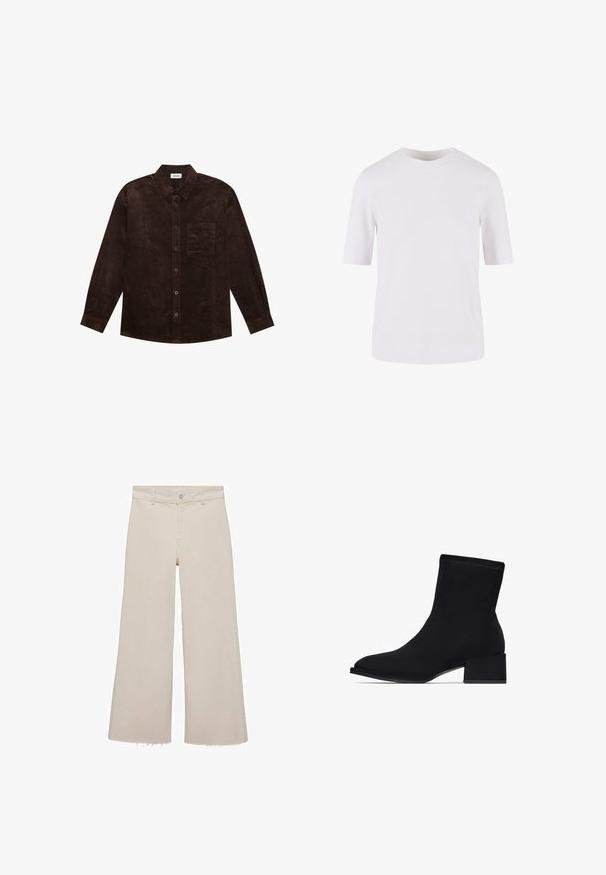 YOURTURN UNISEX - Lagana jakna - brown; Bijela majica s kratkim rukavima od glatkog pamuka. Ima okrugli izrez i ravni kroj, bez uzoraka ili ukrasa.; Bež traperice širokog kroja s visokim strukom, izrađene su od traper tkanine. Imaju sirovi rub na dnu te prednje kopčanje na gumbe i patentni zatvarač.; Crne gležnjače od glatkog materijala, s šiljastim vrhom i debelim potplatom. Šavovi dodaju suptilan teksturalni element dizajnu.