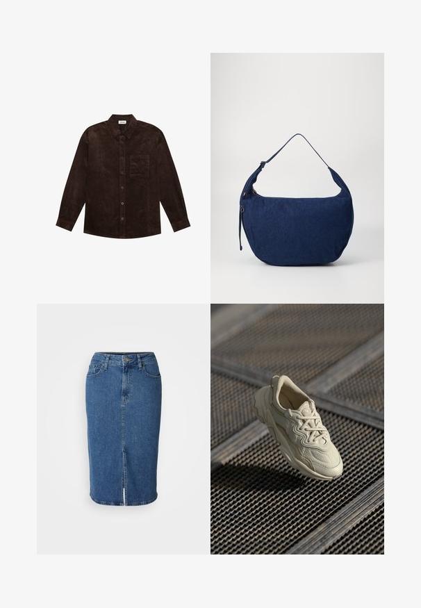 YOURTURN UNISEX - Light jacket - brown; Brown cotton T-shirt with a relaxed fit, short sleeves, and a small "DELICIOUS REFRESHING FRUIT" graphic in white and purple.; Denim skirt in medium blue, knee-length, fitted design with front slit. Features five pockets and a button closure with belt loops.; Beige sneaker with textured fabric, contrasting smooth accents, rounded sole, and laces, suspended above a gridded surface.; Blue denim shoulder bag with a curved shape, adjustable strap, zipper closure, and a subtle texture. Features minimalistic design and no visible hardware.