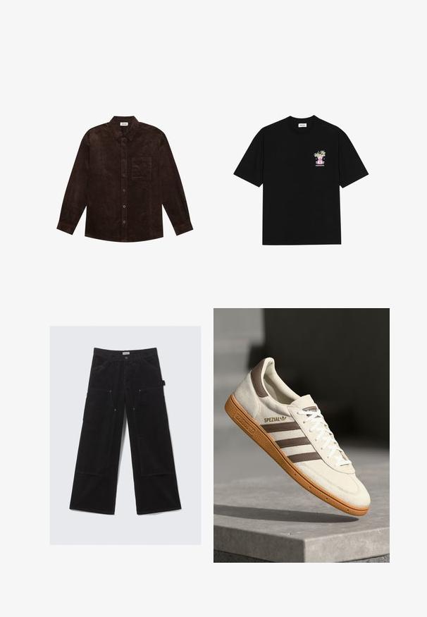 YOURTURN UNISEX - Lahka jakna - brown; Črna bombažna majica s kratkimi rokavi in krožnim izrezom, ki ima na levi strani prsnega dela pisano grafiko, ki prikazuje medvedka in stilizirano besedilo.; Črne široke sametne hlače z velikimi sprednjimi žepi in zankami za pas, z gumbom in zadrgo.; Beli semišni športni čevelj z rjavimi usnjenimi detajli, tremi rjavimi črtami in belimi vezalkami. Ima teksturiran gumijast podplat in zlato oznako "SPEZIAL".
