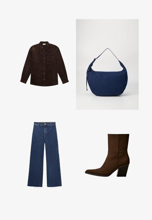 YOURTURN UNISEX - Overgangsjakke - brown; Mørkeblå ærmeløs top med V-udskæring, der har lodrette striber og hvide sideakcenter. Logo vist på venstre brystområde.; Mørkeblå vidde jeans lavet af denim, med høj talje, knaplukning og frynset kant forneden. Glat tekstur.; Brun ruskinds ankelstøvle med spids tå og kraftig hæl, der har et minimalistisk design og en glat tekstur mod en hvid baggrund.; Blå denim skuldertaske med en buet form, justerbar rem, lynlåslukning og en subtil tekstur. Har et minimalistisk design uden synligt hardware.