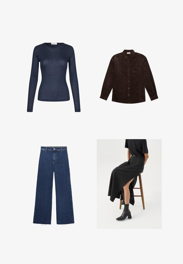 YOURTURN UNISEX - Jas - brown; Marinelange mouw shirt van lichtgewicht stof. Heeft een ronde halslijn en een aansluitend ontwerp met minimale textuur.; Donkerblauwe wijde spijkerbroek gemaakt van denim, met een hoge taille, knoopsluiting en een rafelige zoom aan de onderkant. Gladde textuur.; Zwarte linnen maxi rok met een hoge split, gedragen met een zwart T-shirt en zwarte enkellaarsjes. Minimalistisch ontwerp met een relaxte pasvorm.