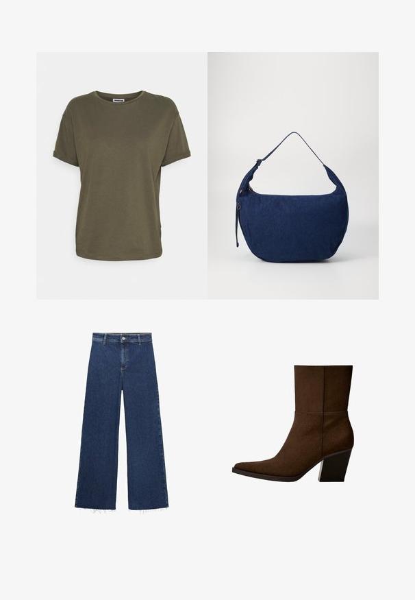 YOURTURN UNISEX - Lahka jakna - brown; Noisy May Navadna majica - kalamata; Temno modre široke hlače iz denima, z visokim pasom, z gumbom za zapiranje in strganim robom na dnu. Gladka tekstura.; Rjav semisen gleženjski čevelj s koničastim nosom in debelim peto, ki ima minimalističen dizajn in gladko teksturo na beli podlagi.; Modra denim torba za ramo s ukrivljeno obliko, nastavljivim trakom, zadrgo in subtilno teksturo. Ima minimalističen dizajn brez vidnih kovinskih delov.