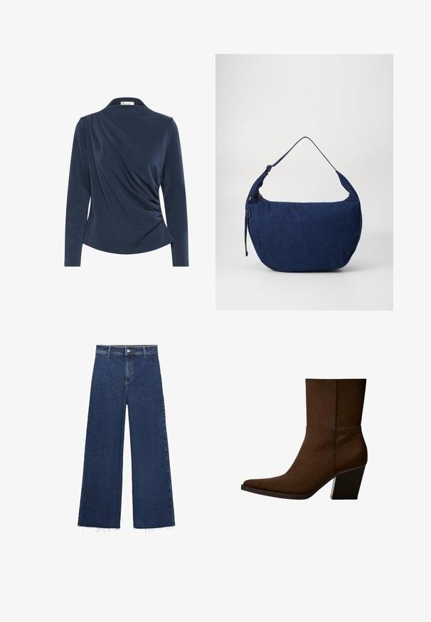 YOURTURN UNISEX brązowy; Granatowa bluzka z długimi rękawami i kołnierzykiem, z marszczonym materiałem z przodu oraz gładką teksturą na całej powierzchni.; Granatowe, szerokie dżinsy wykonane z denimu, z wysokim stanem, zapięciem na guzik i postrzępionym dołem. Gładka tekstura.; Brązowe zamszowe botki za kostkę z wydłużonym noskiem i masywnym obcasem, o minimalistycznym wzorze i gładkiej teksturze na białym tle.; Niebieska torba na ramię z denimu o zaokrąglonym kształcie, z regulowanym paskiem, zapięciem na zamek i subtelną fakturą. Charakteryzuje się minimalistycznym designem i brakiem widocznych elementów metalowych.