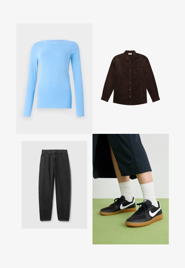 YOURTURN UNISEX - Lett jakke - brown; GAP CREW - Topper langermet - union blue; Svarte denimjeans med rett passform, fem lommer, beltestropper og knappelukking. Tøyet har en glatt tekstur med subtil slitasje.; Sorte lær- og syntetiske joggesko med hvit Nike swoosh, gummisåle, rund tå og sorte lisser. Ribbet hvite sokker synlige.