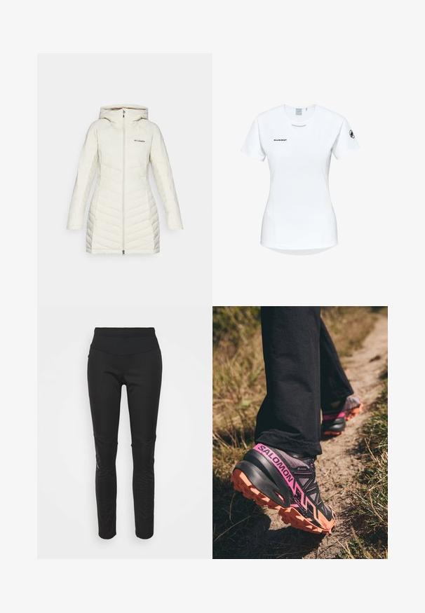 Doudoune blanche avec capuche, présentant un design matelassé et des motifs de couture diagonaux, fermeture éclair à l'avant et logo Columbia sur la poitrine.; T-shirt de sport à manches courtes, blanc, avec un col rond, arborant un logo sur la poitrine et une texture de tissu lisse et léger.; Leggings de sport noirs avec une taille haute, texture lisse, détail de logo et accents en panneaux latéraux pour un intérêt visuel supplémentaire.; Salomon SPEEDCROSS 6 GTX - Chaussures de running - moonscape/black/bird of paradise