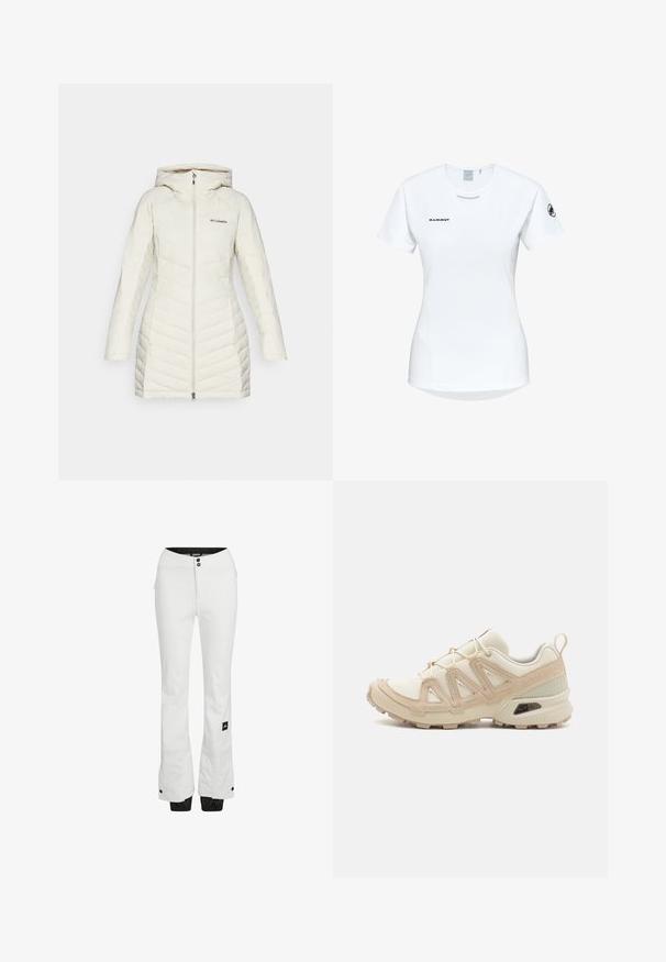 Weißer Pufferjacke mit Kapuze, ausgestattet mit einem gesteppte Design und diagonalen Nahtmustern, Vorderreißverschluss und Columbia-Logo auf der Brust.; Kurzärmliges weißes Sportshirt mit Rundhalsausschnitt, das ein Logo auf der Brust und eine glatte, leichte Stofftextur aufweist.; Weiße Skihosen aus einem wasserabweisenden Stoff mit glatter Textur. Verfügen über zwei schwarze Knöpfe an der Taille und Reißverschlusstaschen.; Beige und cremefarbenen Sportschuh mit strukturiertem Mesh-Obermaterial, unterstützenden Überzügen und Gummisohle mit einem Profilmuster für Bodenhaftung.