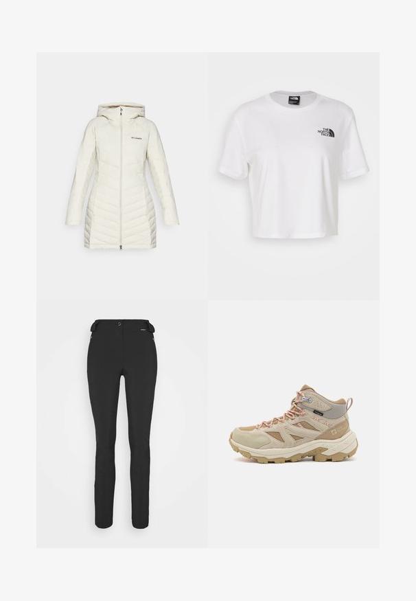 Biela puffrová bunda s kapucňou, so štepovaným dizajnom a diagonálnymi stehmi, predné zipsové zapínanie a logo Columbia na hrudi.; Biela skrátená tričká vyrobené z bavlny s okrúhlym výstrihom a krátkymi rukávmi. Obsahuje čierne logo na ľavej hrudi.; Čierne, priliehavé nohavice vyrobené z flexibilného materiálu. Medzi vlastnosti patrí zipsová bočná vrecko, tvarované kolená a hladký povrch.; Bežové turistické topánky s materiálmi zo sieťoviny a semišu. Majú oranžové šnúrky, textúrovaný zvršok a robustnú podrážku pre lepšiu trakciu.