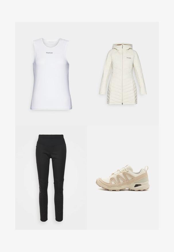 Biała kurtka puchowa z kapturem, zpikowanym wzorem i ukośnymi szwami, z zamknięciem na zamek z przodu i logo Columbia na piersi.; Biały bezrękawnik sportowy z teksturowanym siateczkowym wzorem. Posiada okrągły dekolt i logo "GripGrab" w kolorze szarym na klatce piersiowej.; Czarne legginsy sportowe z wysokim pasem, gładką teksturą, detalem logo oraz akcentami w postaci bocznych paneli dla dodatkowego zainteresowania wizualnego.; Beżowe i kremowe buty sportowe z teksturowanej siateczki, wspierającymi nakładkami oraz gumową podeszwą z wzorem bieżnika zapewniającym przyczepność.