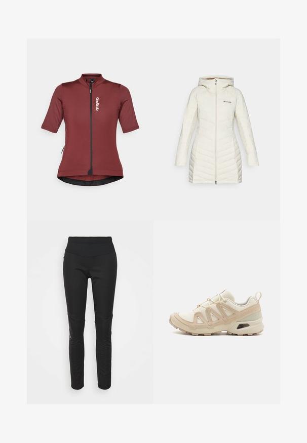Bílý péřový kabát s kapucí, s prošívaným vzorem a diagonálními švy, s předním zipem a logem Columbia na hrudi.; Cyklistický dres s krátkým rukávem v tmavě vínové barvě, disponuje předním zipem, detaily loga a přiléhavým střihem s zakřiveným lemem.; Černé sportovní legíny s vysokým pasem, hladkou texturou, detailem loga a bočními panely pro zvýšení vizuálního zájmu.; Béžová a krémová sportovní obuv s texturovaným síťovaným svrškem, podpůrnými překryvy a gumovou podrážkou s dezénem pro lepší přilnavost.