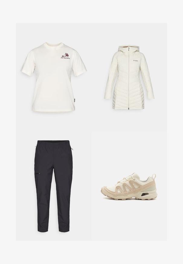 Bijela pufasta jakna s kapuljačom, s prešanom teksturom i dijagonalnim šavovima, prednjim zatvaračem na munju i Columbia logotipom na prsima.; Jack Wolfskin CADENA - Majica kratkih rukava s printom - white; Jack Wolfskin PRELIGHT TRAIL - Hlače za otvoreno - black; Bež i kremasti sportski tenisice s teksturiranim mrežastim gornjim dijelom, potpornih preklopa i gumeni potplat s uzorcima za prianjanje.